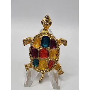 Vintage Enamel Turtle Brooch Red Rhinestone Eyes Colorful Shell 1970s